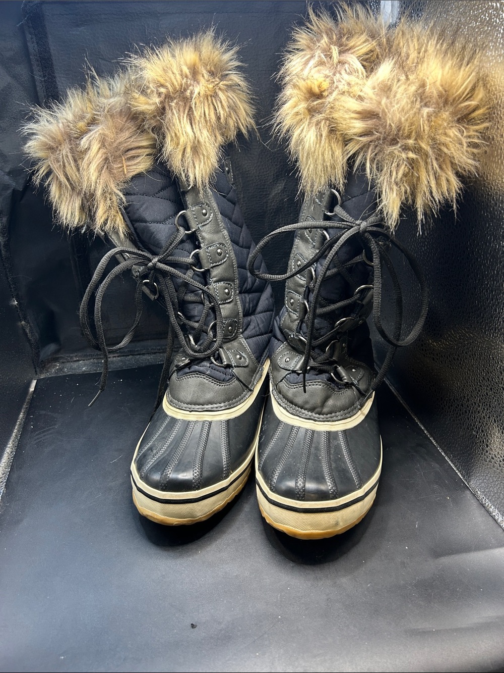 Falls Creek Black Quilted Winter Boots with Faux Fur Trim